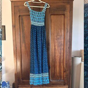 Faherty Gracie linen Maxi Dress Blue Bali Bloom Bohemian M  u